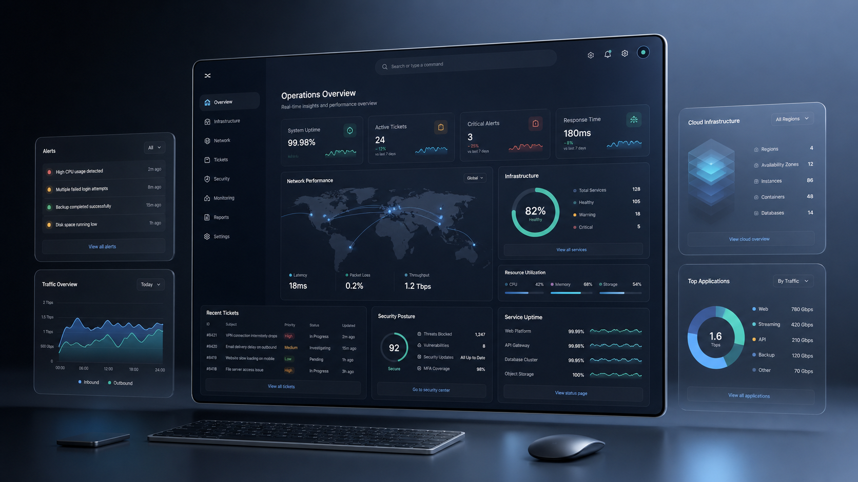 Dashboard moderno com métricas de tecnologia, infraestrutura e suporte